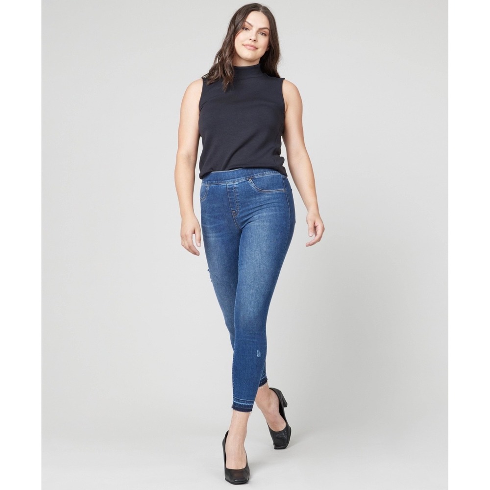 Spanx Distressed Denim Leggings Large Blue High Waist Raw Hem Skinny Jeans L
